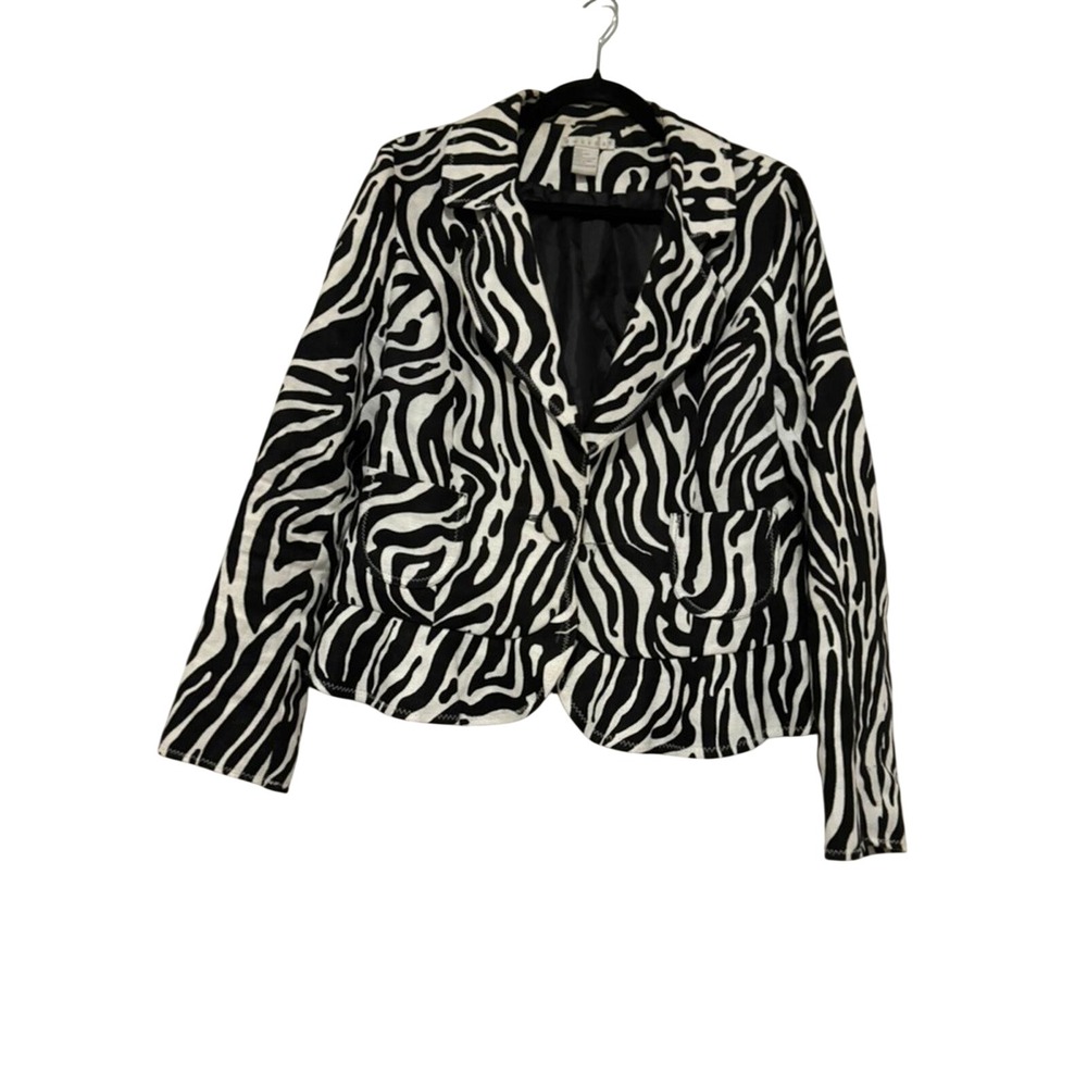 Women's sz L Tweeds zebra animal print black/white short linen jacket #1190